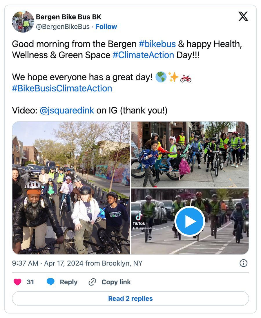 A screenshot from the Bergen Bike Bus Twitter account showing 2 photos and 1 video of parents and kids riding to school. The text from the post reads, 'Good morning from the Bergen #bikebus & happy Health, Wellness & Green Space #ClimateAction Day!!! We hope everyone has a great day! 🌎✨🚲 #BikeBusisClimateAction Video: @jsquared on IG (thank you!)'.