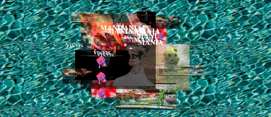 On a background that looks like pool water reflecting, several images are collaged together, with the word MANIA repeating over them in white. On the live site, several of these images are moving gifs, adding to the feeling of chaos.