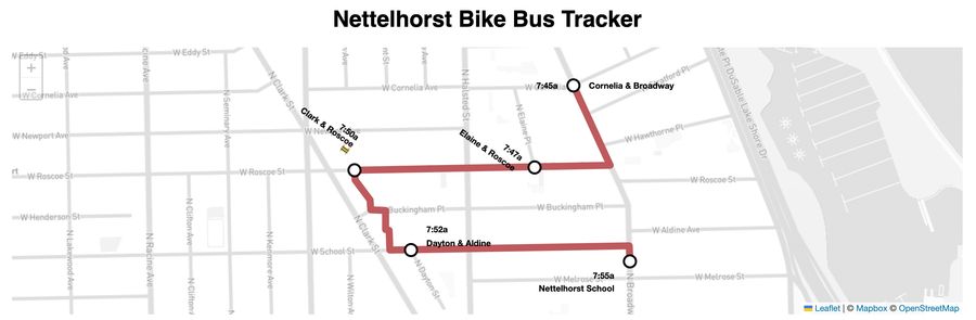 This screenshot shows the route of the Nettelhorst Bike Bus lined in red, in the Nettelhorst neighborhood of Chicago.