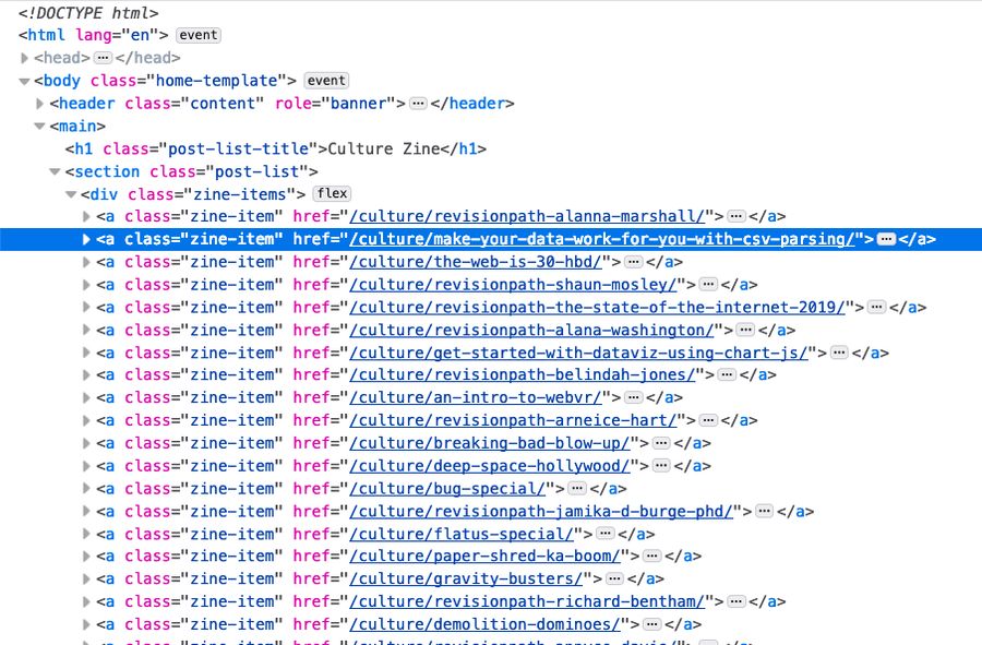 A screenshot of the markup in devtools, showing a flat list of posts